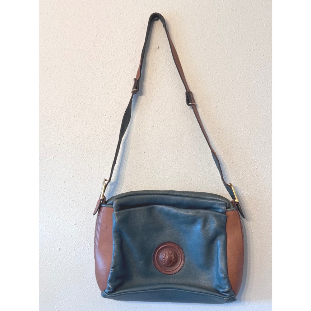 Vintage Tosca by Manolo Leather Crossbody Bag Teal Brown Italian Crest Medallion